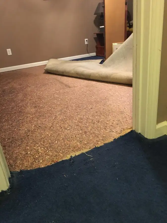 Carpet pad removal revealing water damage during Drying & Dehumidification in Lucerne Valley